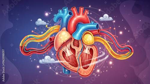 A vibrant and colorful anatomical illustration of a human heart with glowing energy swirls and cosmic particles in a stylized medical art style.