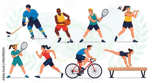 Vector illustration of diverse athletes participating in various sports including hockey, basketball, tennis, volleyball, running, cycling, and gymnastics.
