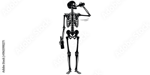 Skeleton drinking bottles silhouette illustration, humorous anatomy artwork, symbolic mortality design, expressive lifestyle vector, dark comedy illustration