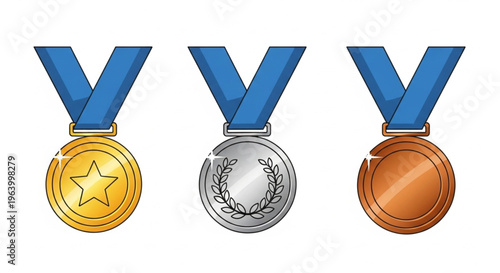 Set of three winner medals (gold, silver, and bronze) with blue ribbons and star and laurel wreath details, isolated on white
