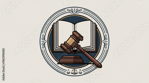 Law gavel and open book in a circular emblem with scales of justice symbolizing legal judgment and knowledge