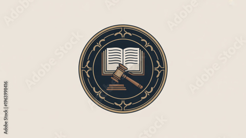 Law and justice symbol with gavel and book in circular emblem for legal or judicial concepts