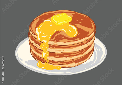 Stack of Pancakes with Melted Butter and Honey Syrup Illustration