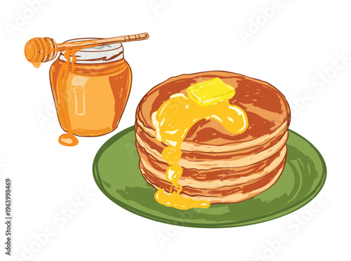 Stack of Pancakes with Butter and Honey Syrup Jar on Side