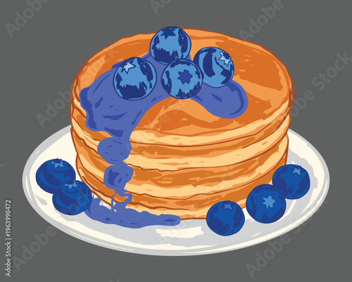 Stack of Pancakes with Blueberry Syrup and Fresh Blueberries