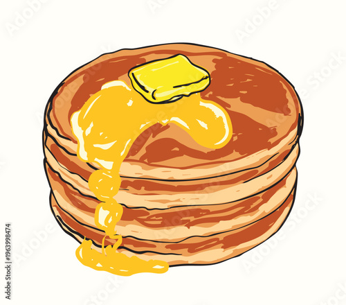 Stack of Pancakes with Melting Butter and Maple Syrup Drizzle