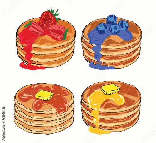 Pancake Collection with Strawberry Blueberry Syrup and Butter Toppings