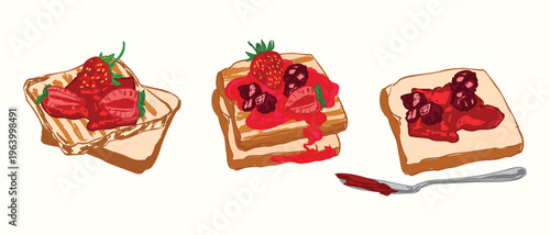 Stacks of Toasted Bread with Fresh Strawberries and Jam Set
