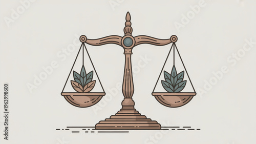Balanced scales with green leaves in bowls on a wooden base symbolizing harmony and equilibrium in nature and ecology
