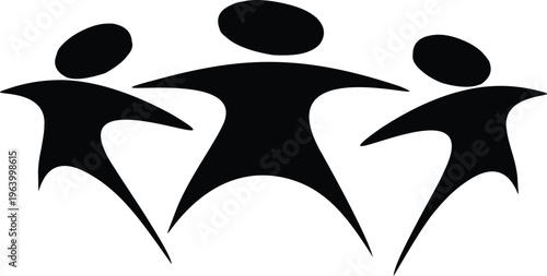 Abstract black silhouette group of three people jumping together, team unity, community support, success, cooperation, friendship, diversity, active lifestyle