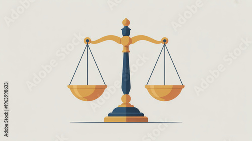 Golden and blue scales of justice on a beige background symbolizing balance and fairness in law