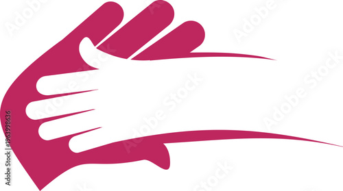 Abstract magenta and white hands logo, caring and support icon for charity and healthcare, minimalist human touch symbol, isolated on white background.