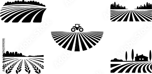 Black and white agricultural depicting farm fields and a tractor agriculture harvest