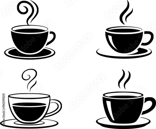 Black coffee cups with steam white background drink