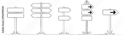 Collection of hand drawn directional signposts with blank and arrow signs road