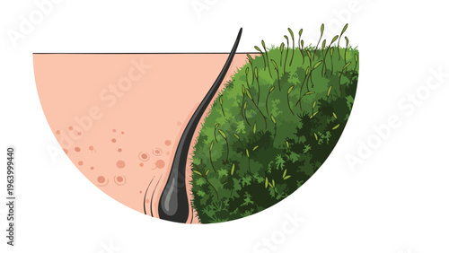 Hair follicle in skin with lush green grass. Natural growth and regeneration concept, healthy scalp illustration.