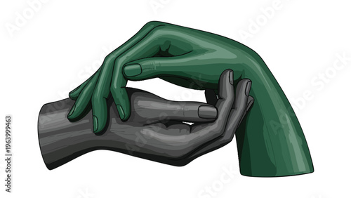 Green hand comforting grey hand illustration, symbolizing support, empathy, protection, and care.