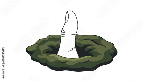 Human thumb emerging from dark green ground hole. Simple cartoon style isolated illustration.