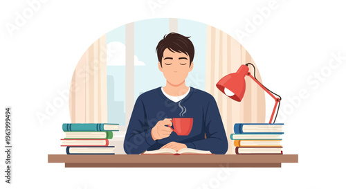 Vector illustration of a young man or student sitting at a desk with eyes closed, holding a steaming red cup of tea or coffee, surrounded by stacks of books and a red desk lamp.