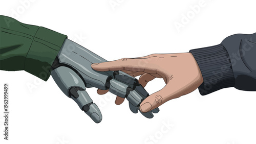 Human and artificial intelligence hands touching, symbolizing future connection, technology, and human-machine interaction
