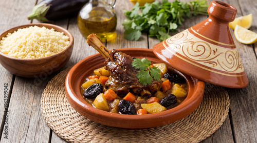 Картината върху платно Traditional moroccan lamb tagine with prunes, carrots, and potatoes served with