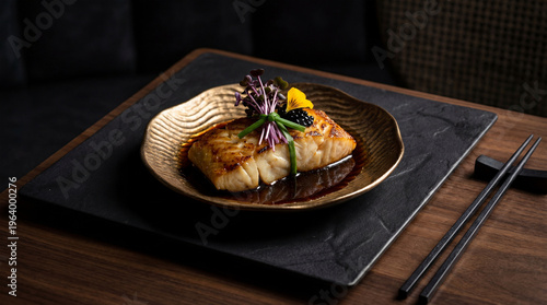 Schilderij op canvas Gourmet miso glazed black cod fillet served on a textured gold plate with caviar