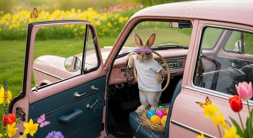 Easter bunny driving a vintage car