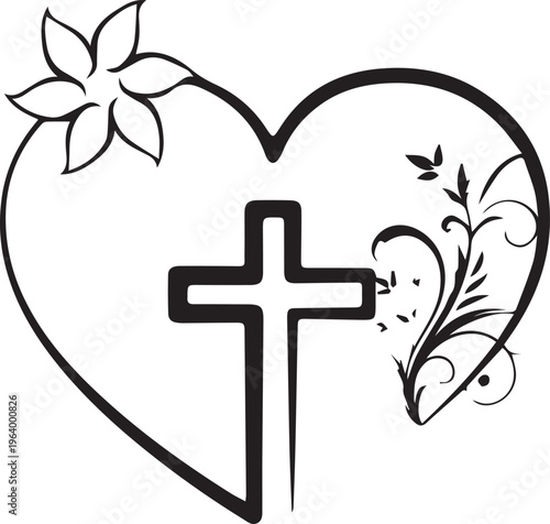 Religious Christian Cross with Heart and Floral Vine Decoration