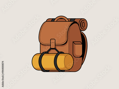 Brown leather backpack with rolled sleeping bag and camping mat attached for outdoor adventure