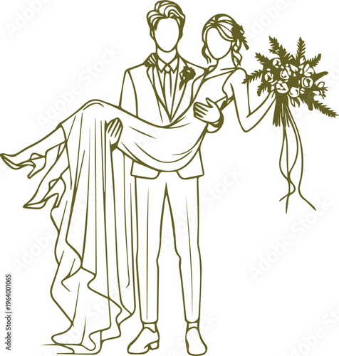Groom Carrying Bride Romantic Wedding Pose Line Art Vector