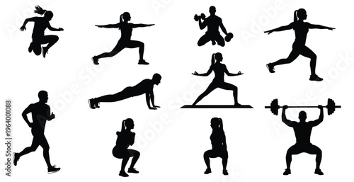 Silhouette of various fitness exercises and sports activities