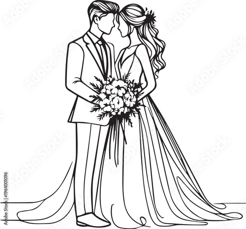 Romantic Bride and Groom Portrait Minimalist Line Art Vector