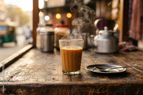Indian Cutting Chai Glass on Street Stall – Traditional Tea Culture
