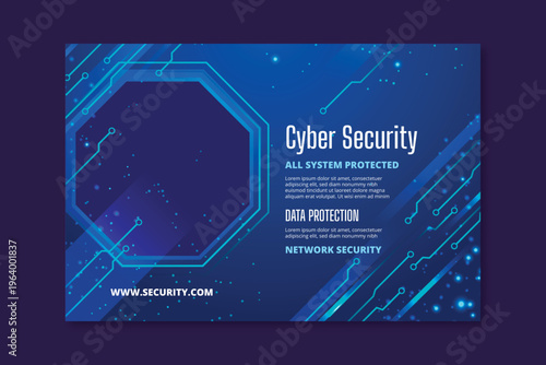 A young man in a blue shirt looks at his phone with a cyber security graphic in the background.