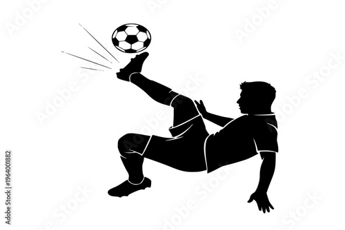 Soccer Player Bicycle Kick Silhouette Mid-Air Action Football Match Athlete Motion Black Vector Graphic
