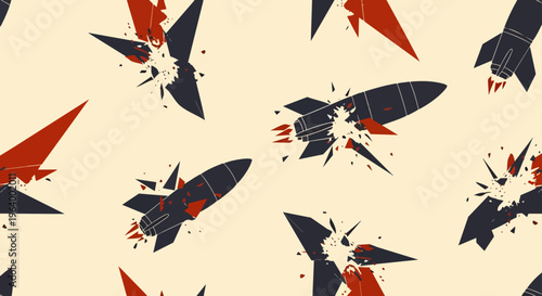 broken rockets and missile fragments depict explosive destruction in a seamless pattern illustrating concepts of war conflict and technological failure.