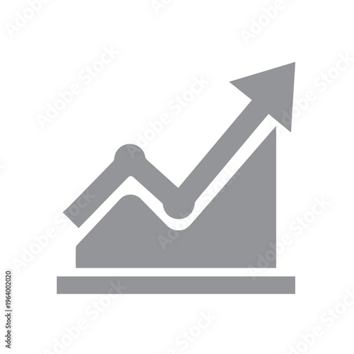 Monochromatic gray graphic chart symbol illustrates a fluctuating line path with an arrow showing final upward momentum against a.
