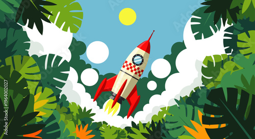 rocket launch cartoon illustration from a lush jungle for space exploration and new beginnings.