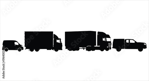 A convoy of vehicles in silhouette against a white background