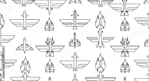seamless pattern airplane aircraft missile flames a vector illustration of military aviation and warfare concepts creating a black and white graphic background.