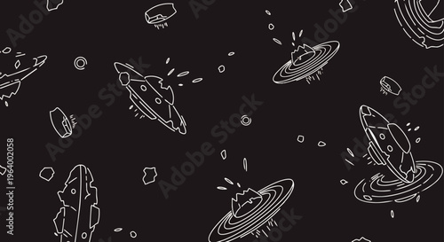 ufo spaceship crash in a seamless space pattern illustration showing broken planets and debris in a quirky cosmic background.