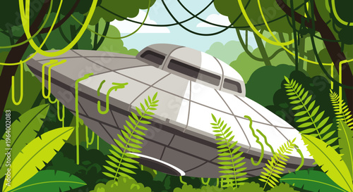 ufo spaceship crashed in a dense jungle overgrown with vines and foliage evoking mystery and alien contact