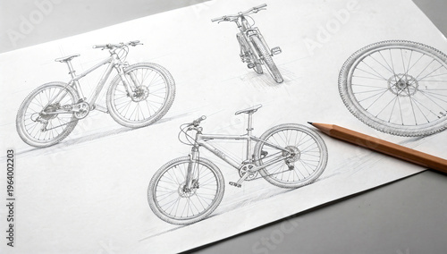 Bicycle Multi View Pencil Sketch Study on White Paper