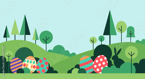 easter egg hunt with colorful easter eggs and an easter bunny in a vibrant spring landscape featuring modern flat design.