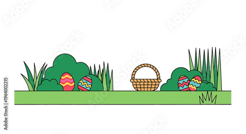 easter eggs and wicker basket are on green grass and bushes a colorful flat design for an easter egg hunt spring holiday.