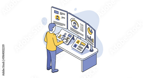 A male HR manager reviews candidate profiles and performance data on a multi-screen computer dashboard in a modern control center.