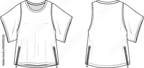 Women Fashion Technical Sketch of Sleeveless Tank Top Over Wide Half Sleeve T-Shirt with Side Zipper Details Flat Vector Illustration