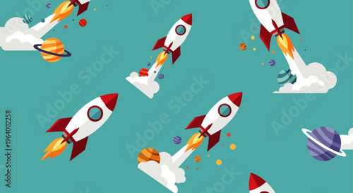 rocket launch and space exploration illustration featuring multiple spacecraft soaring through outer space with planets perfect for startup business growth and future technology concepts.