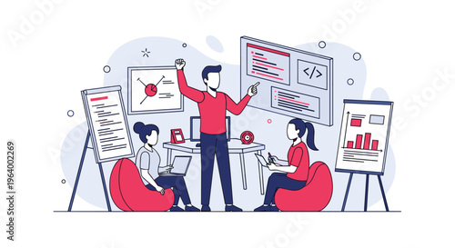 A creative team collaborates in a modern office, with a male programmer presenting code while colleagues work on laptops and tablets.