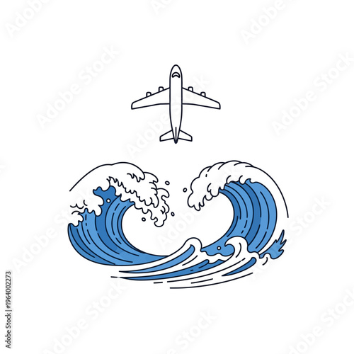 airplane flying over blue ocean waves a minimalist graphic illustration representing global travel summer vacation and adventure.